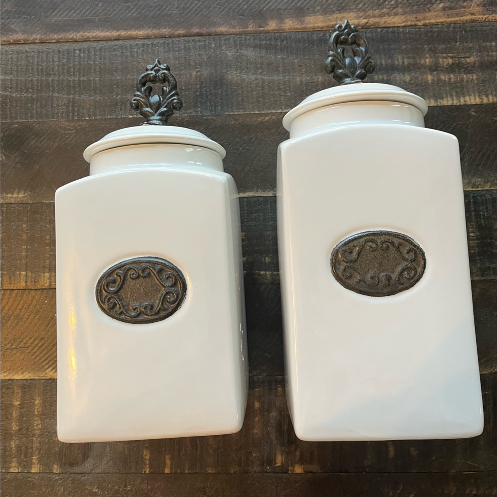 American Atelier White Earthenware Canister Set with Decorative Metal Handles